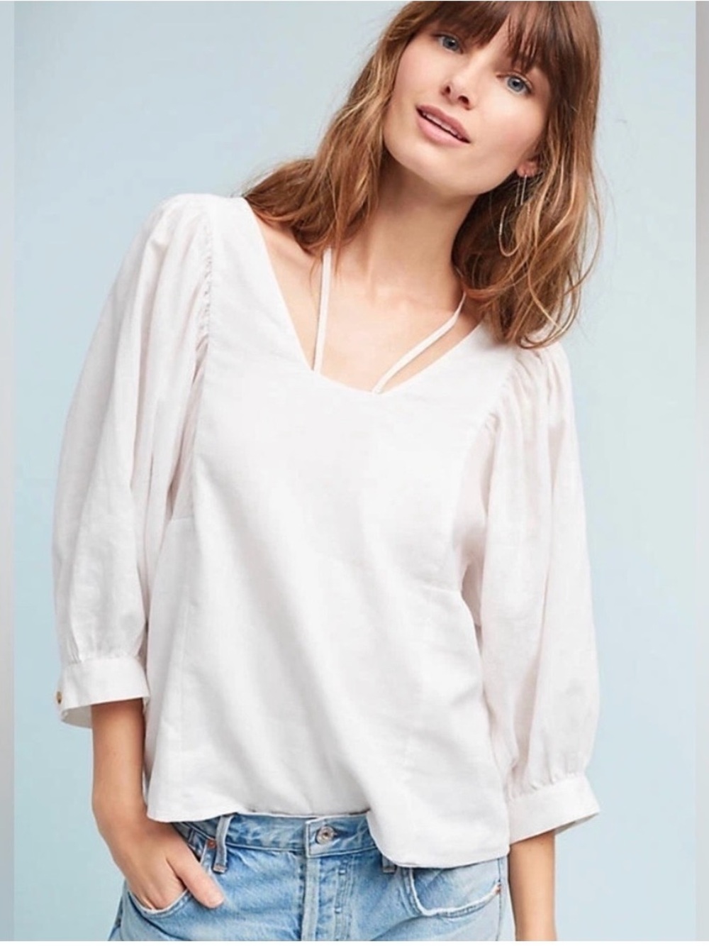Anthropologie Akemi + Kin White Linen Balloon Sleeve Blouse